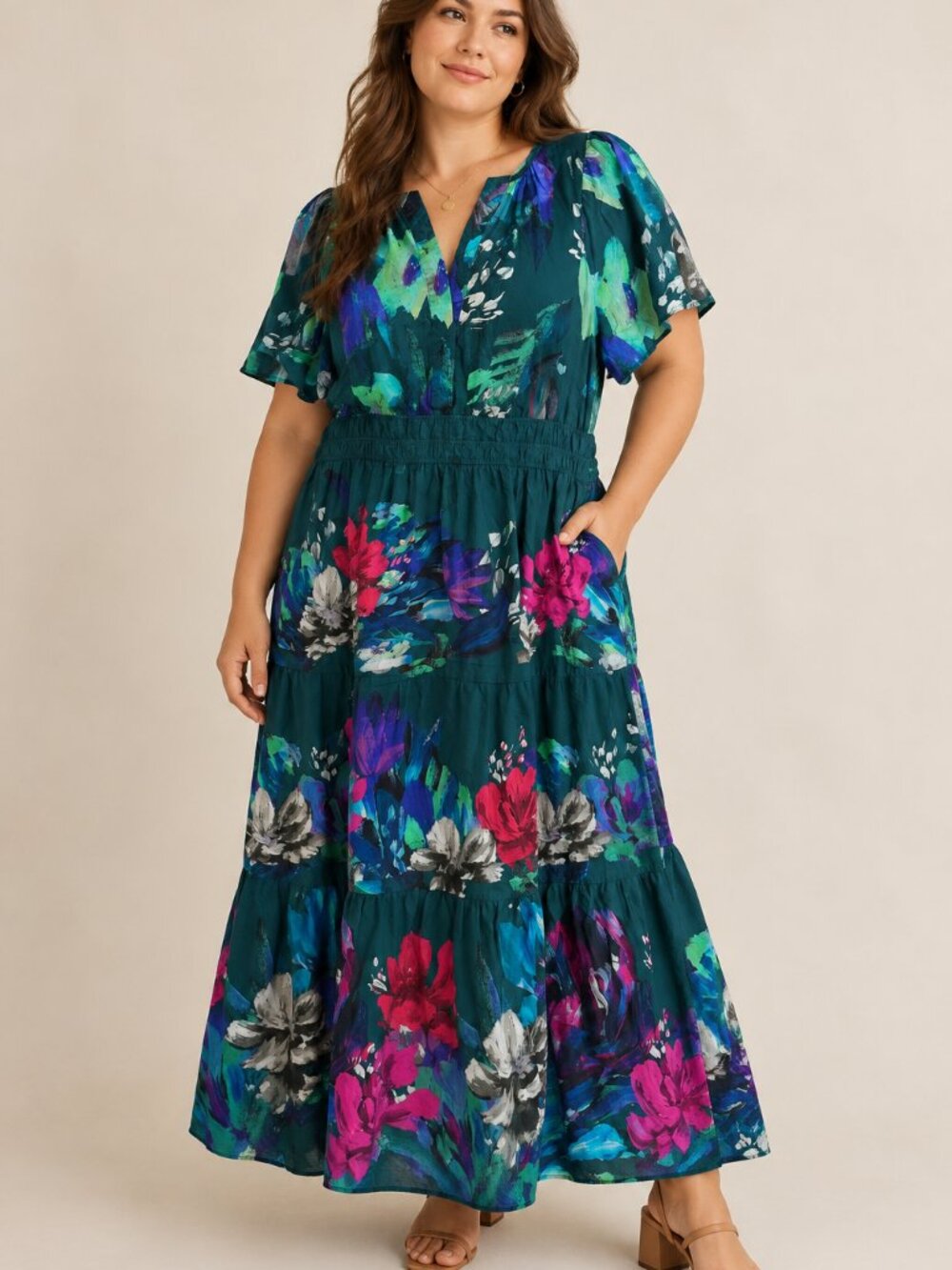 Anthropologie Somerset Maxi Dress Teal Pink Floral Cotton Tiered Plus Size 2X